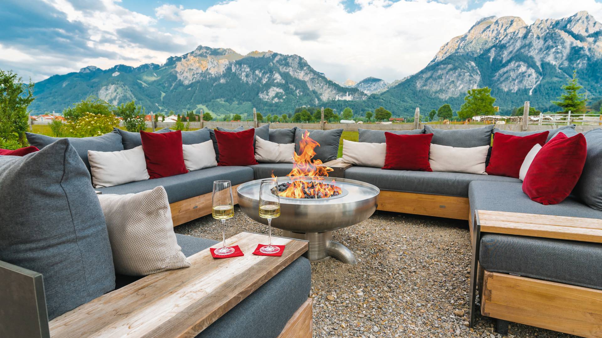 Fire place with view to the castles and the Bavaria Alps