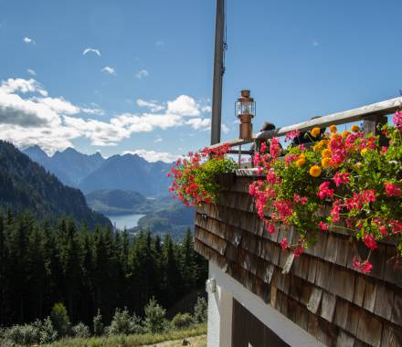 Blick ins Tal von der Berghütte am Tegelberg