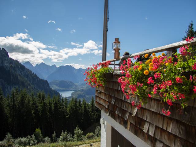 Blick ins Tal von der Berghütte am Tegelberg